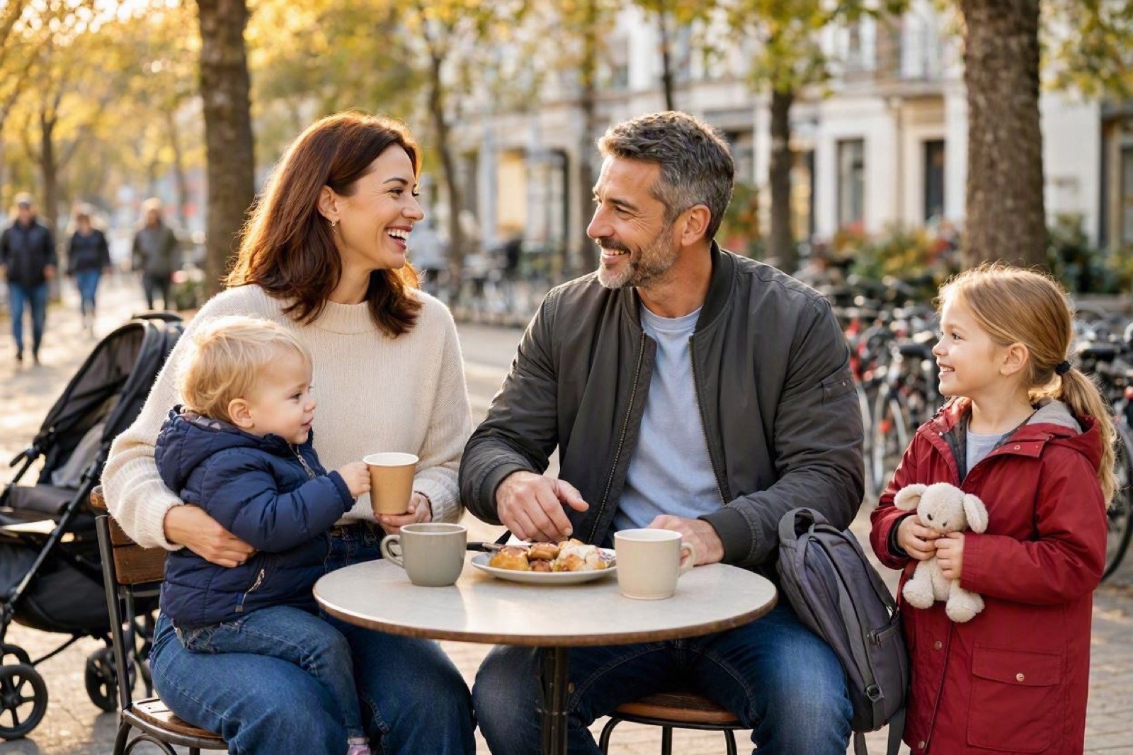 Man and woman smiling at an outdoor cafe with two young children on an autumn street